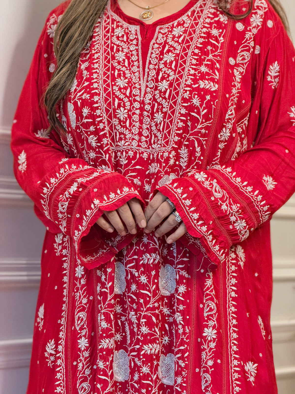 Luxe Hand Embroidered Chikankari Kurta & Duppta | Premium Soft Muslin | Red