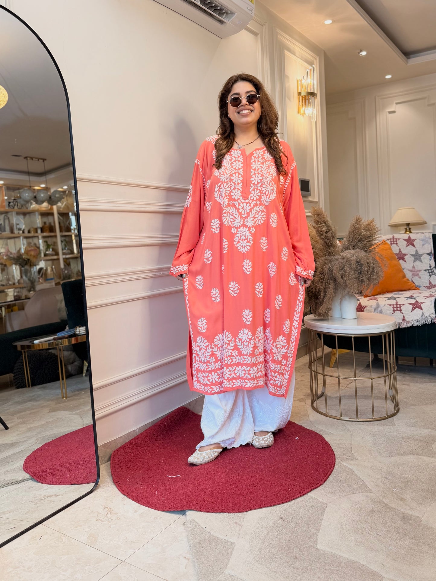 Hand Embroidered 3DChikankari Kurta with Plazo | Premium Soft Cotton | Peach