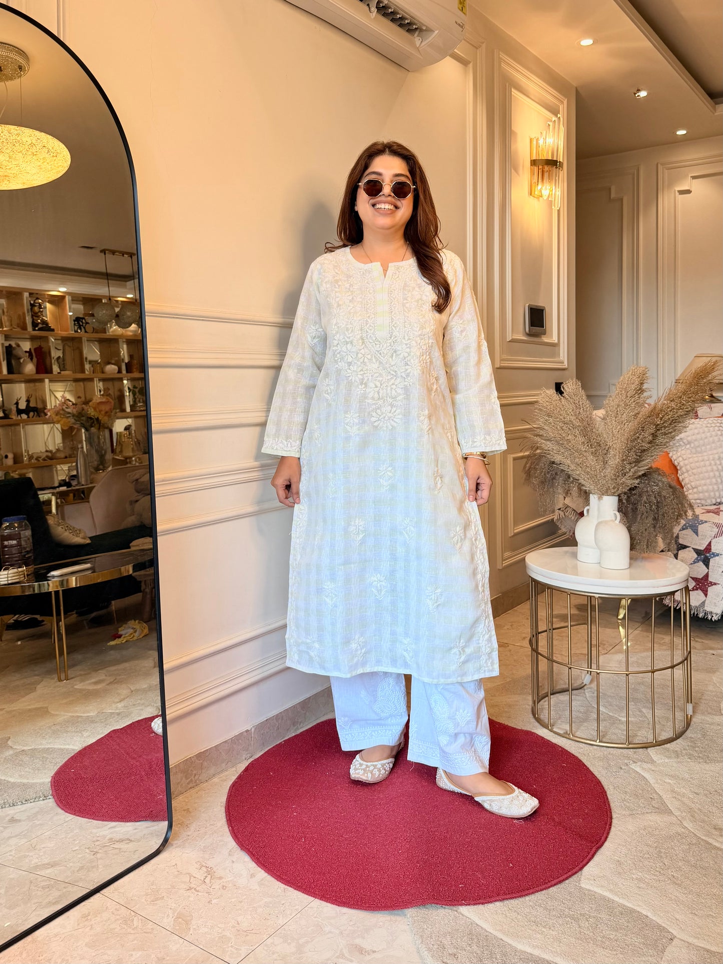 Hand Embroidered Chikankari Kurta Set - Kota Doriya Fabric | Mint Green