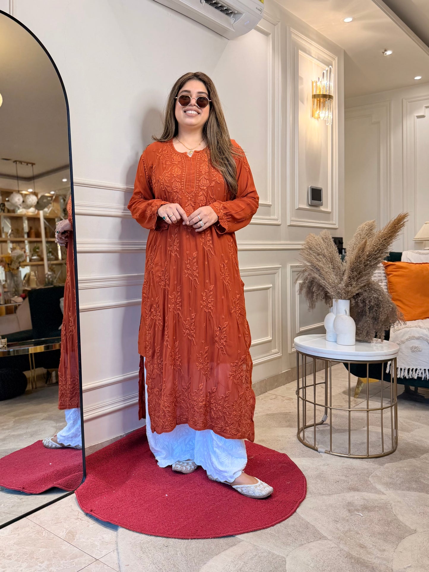 Hand Embroidered 3DChikankari Kurta  | Viscose | Rust Orange