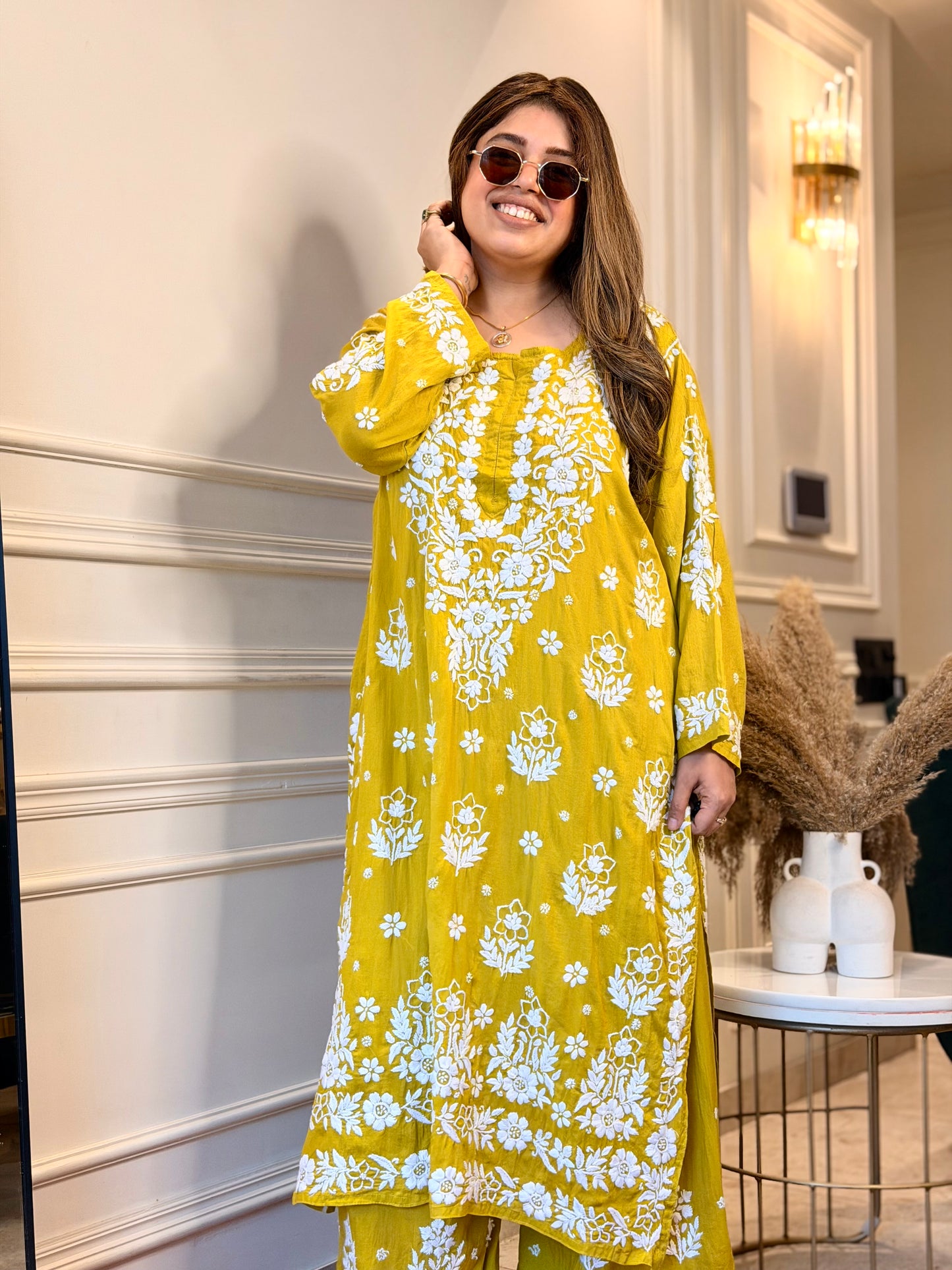 Hand embroidered 3D Chikankari Kurta set | Premium Modal| Olive Green