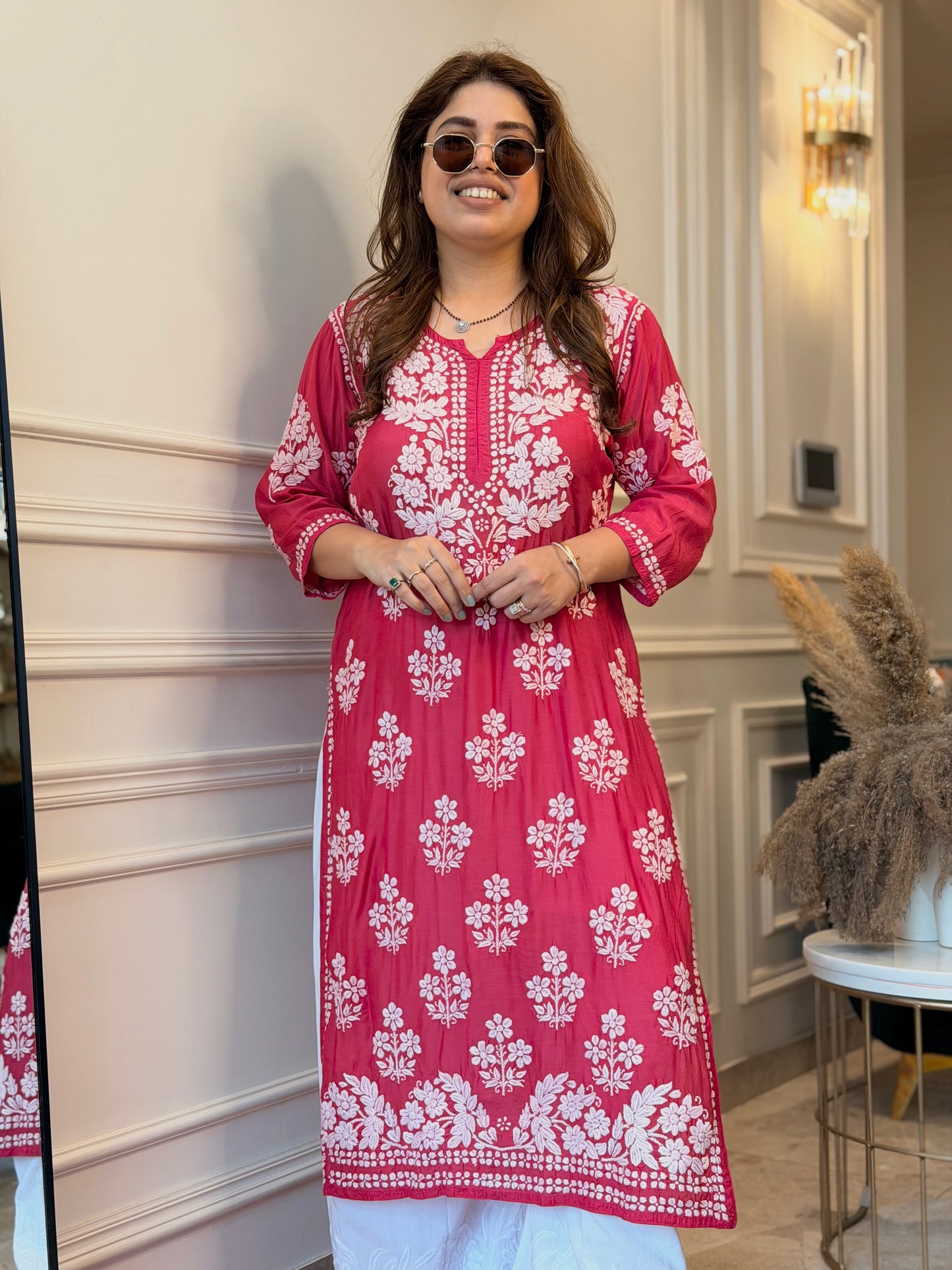 Hand Embroidered 3DChikankari Kurta  | Mul Chanderi | Rose Pink