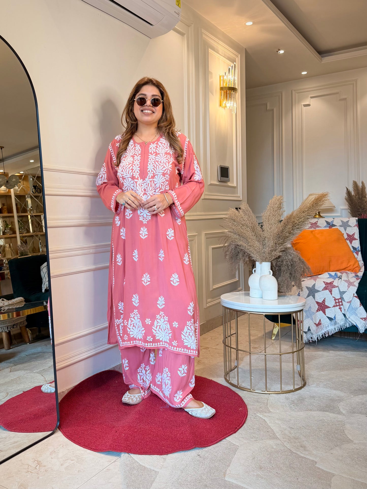Hand Embroidered Chikankari Kurta set | Modal cotton | Rose Coral
