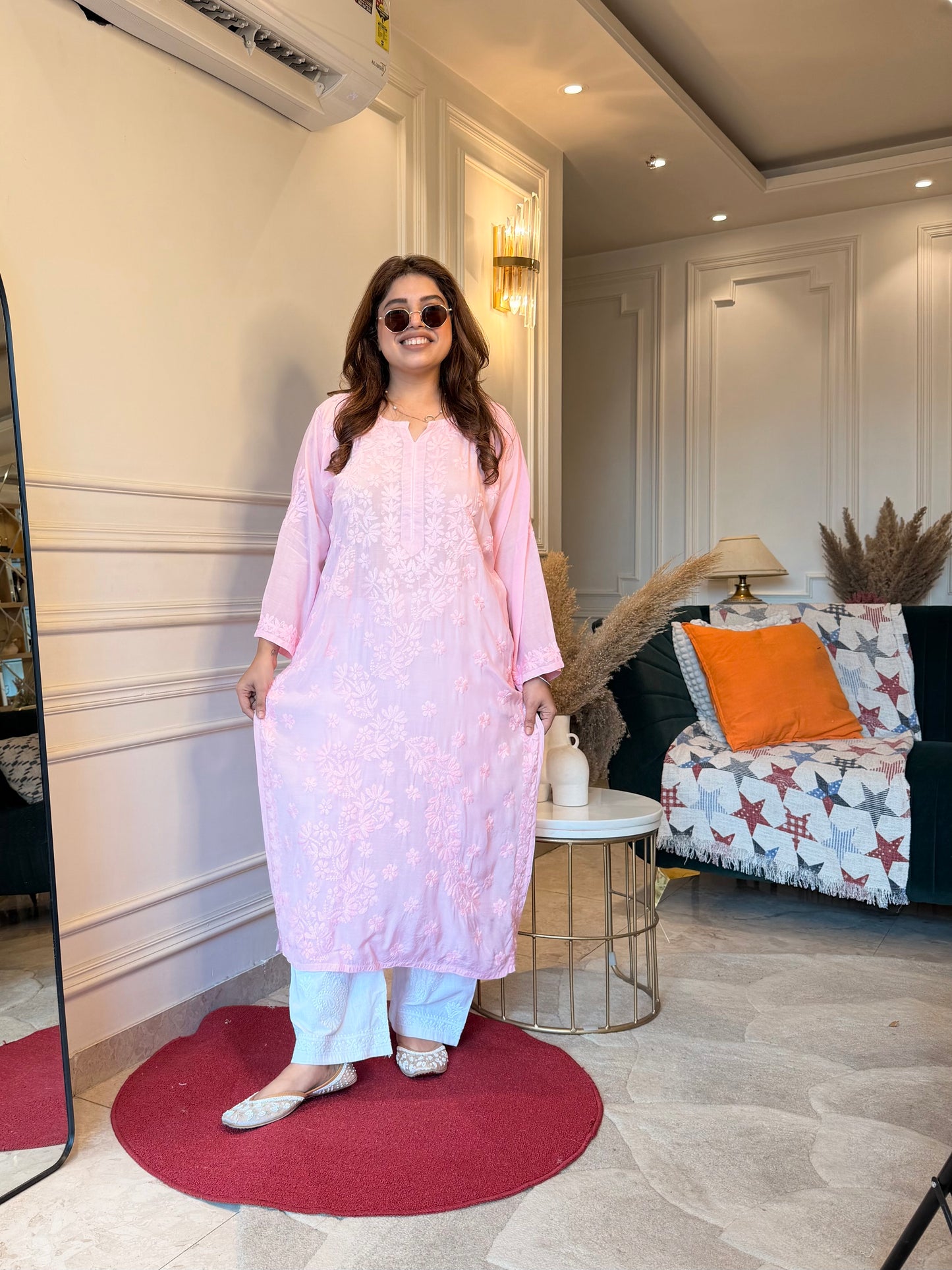 Hand Embroidered Chikankari Kurta set | Mul Chanderi | Baby Pink