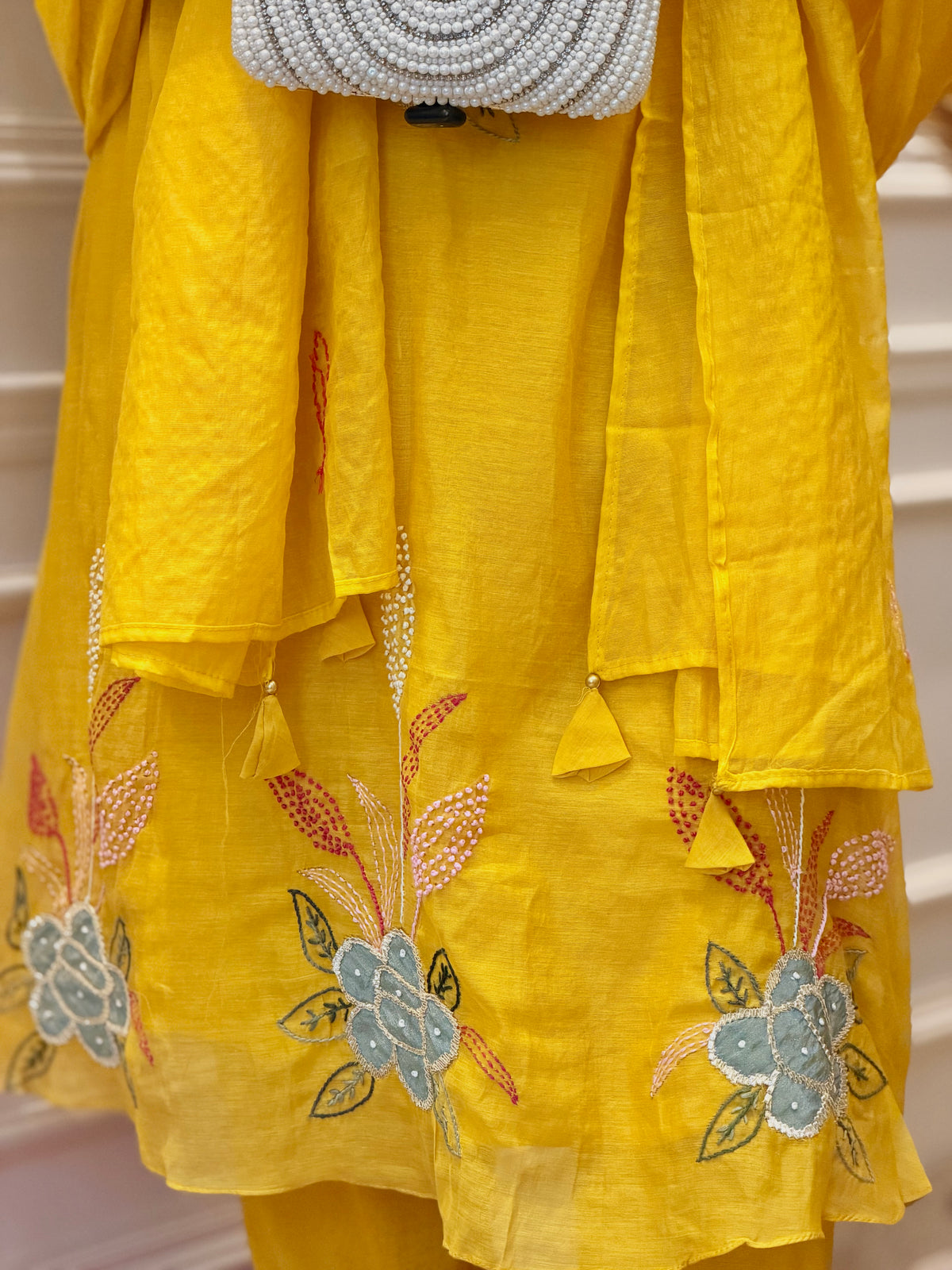 Exclusive Mul Chanderi 3Piece A line kurta set | Mustard