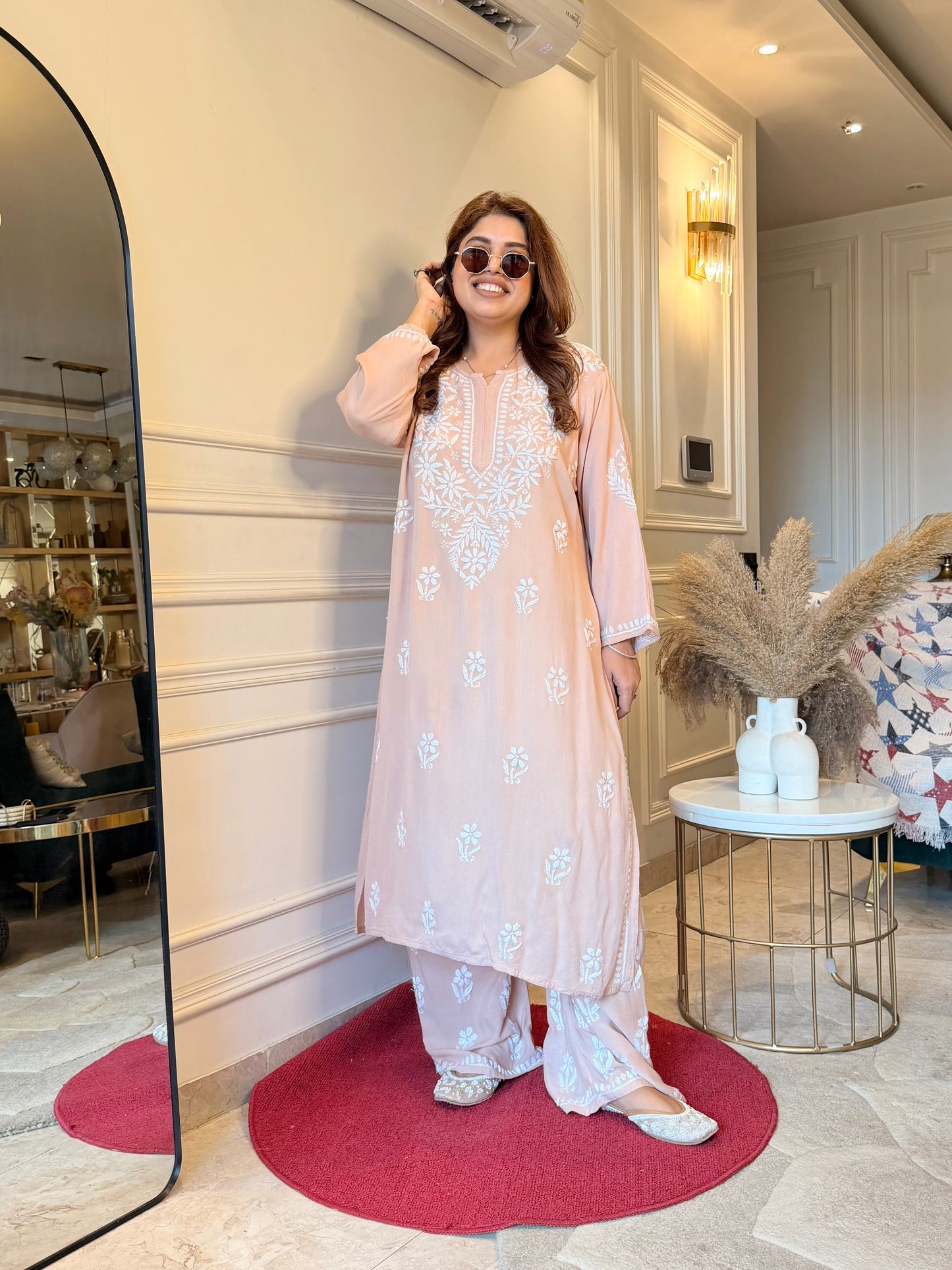 Hand Embroidered Chikankari Kurta set | Modal | Nude Beige