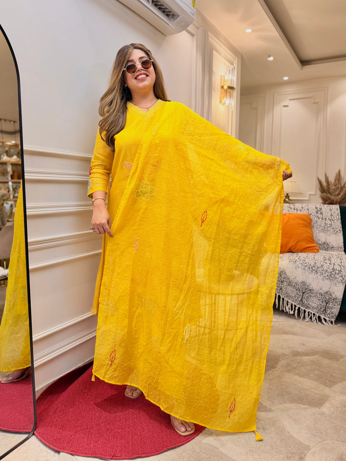 Exclusive Mul Chanderi 3Piece A line kurta set | Mustard