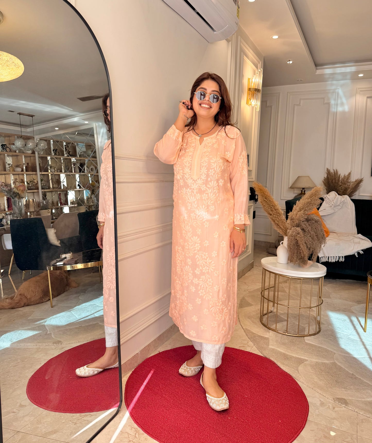 Chikankari Kurta set | Mul Chanderi | Peach