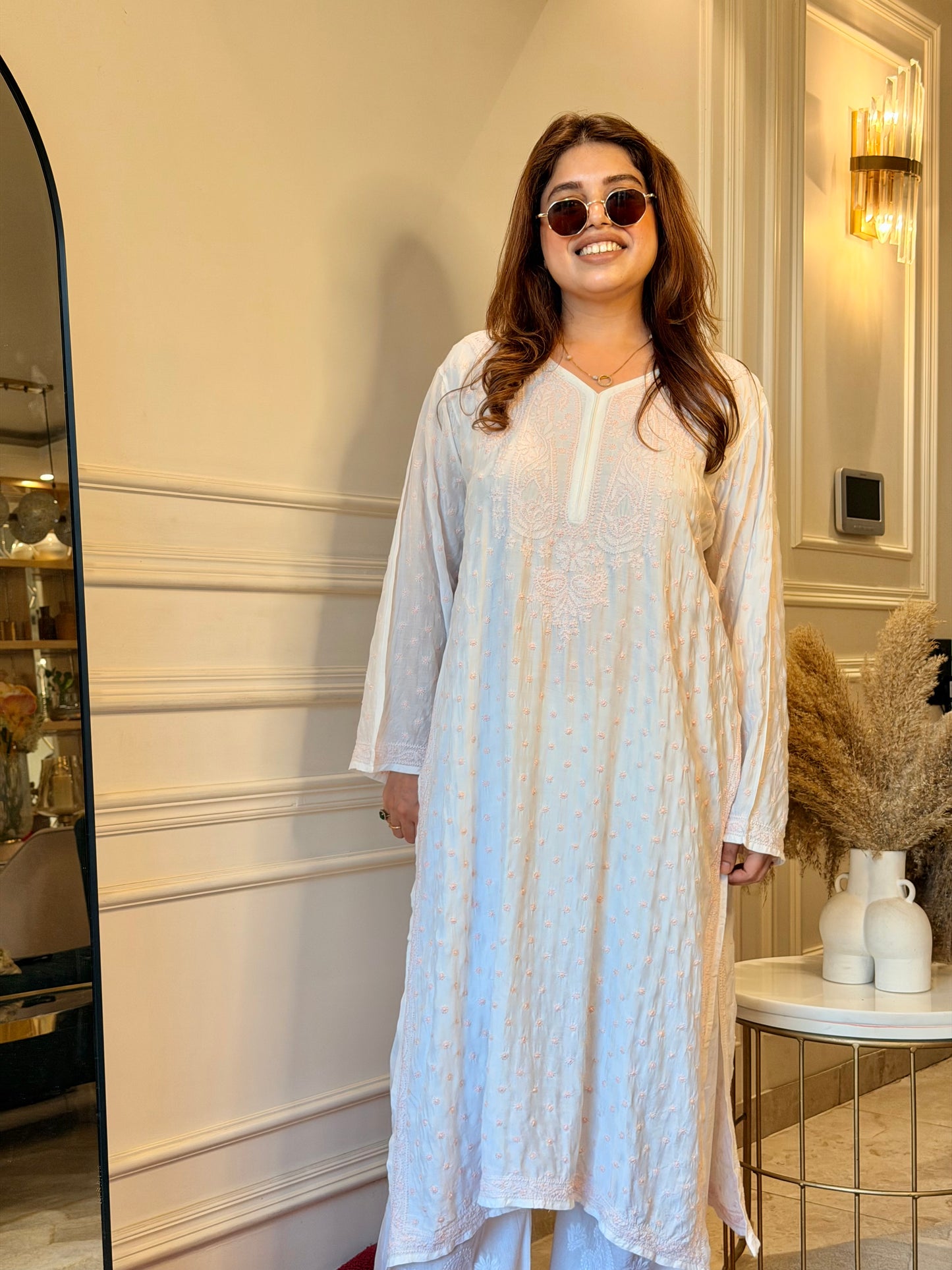 Hand Embroidered Chikankari Kurta  | Mul Chanderi | white with Pink| Plus Size