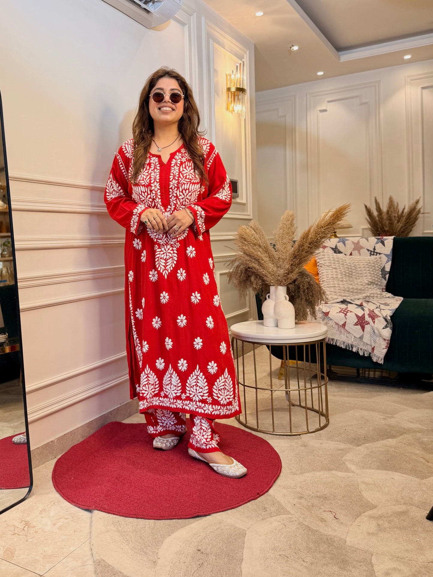Hand Embroidered Chikankari Kurta set | Modal  | Hot Red