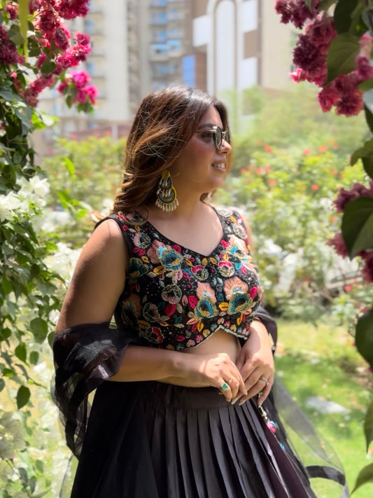 Midnight Bloom Embroidered Lehenga Set