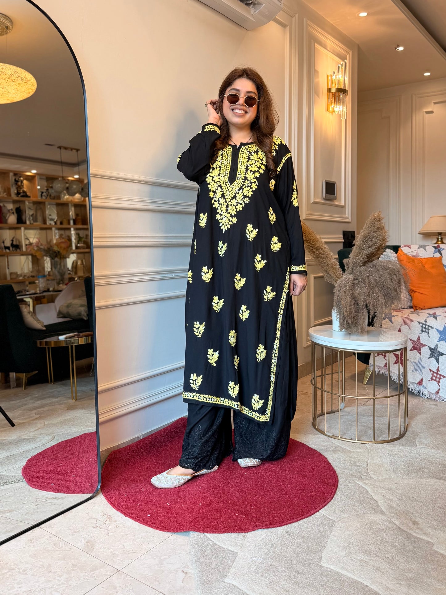 Hand Embroidered Chikankari Kurta  | Premium Cotton |Black with Mustard