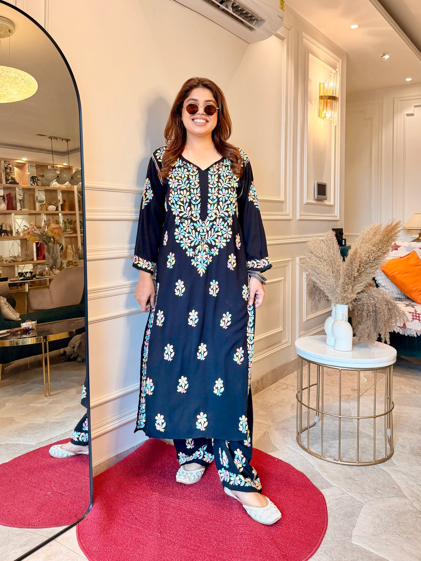 Hand Embroidered Chikankari Kurta Set - Black with Multi colour