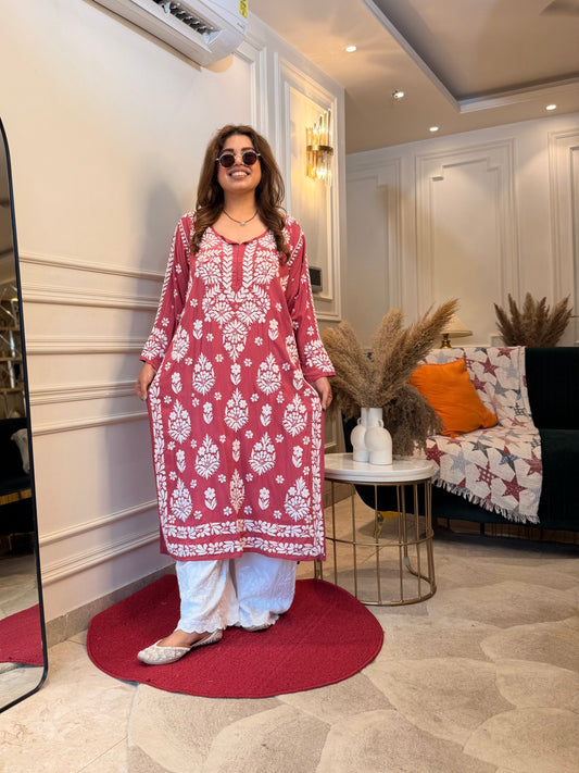 Hand Embroidered 6D Chikankari Kurta | Modal | Sand