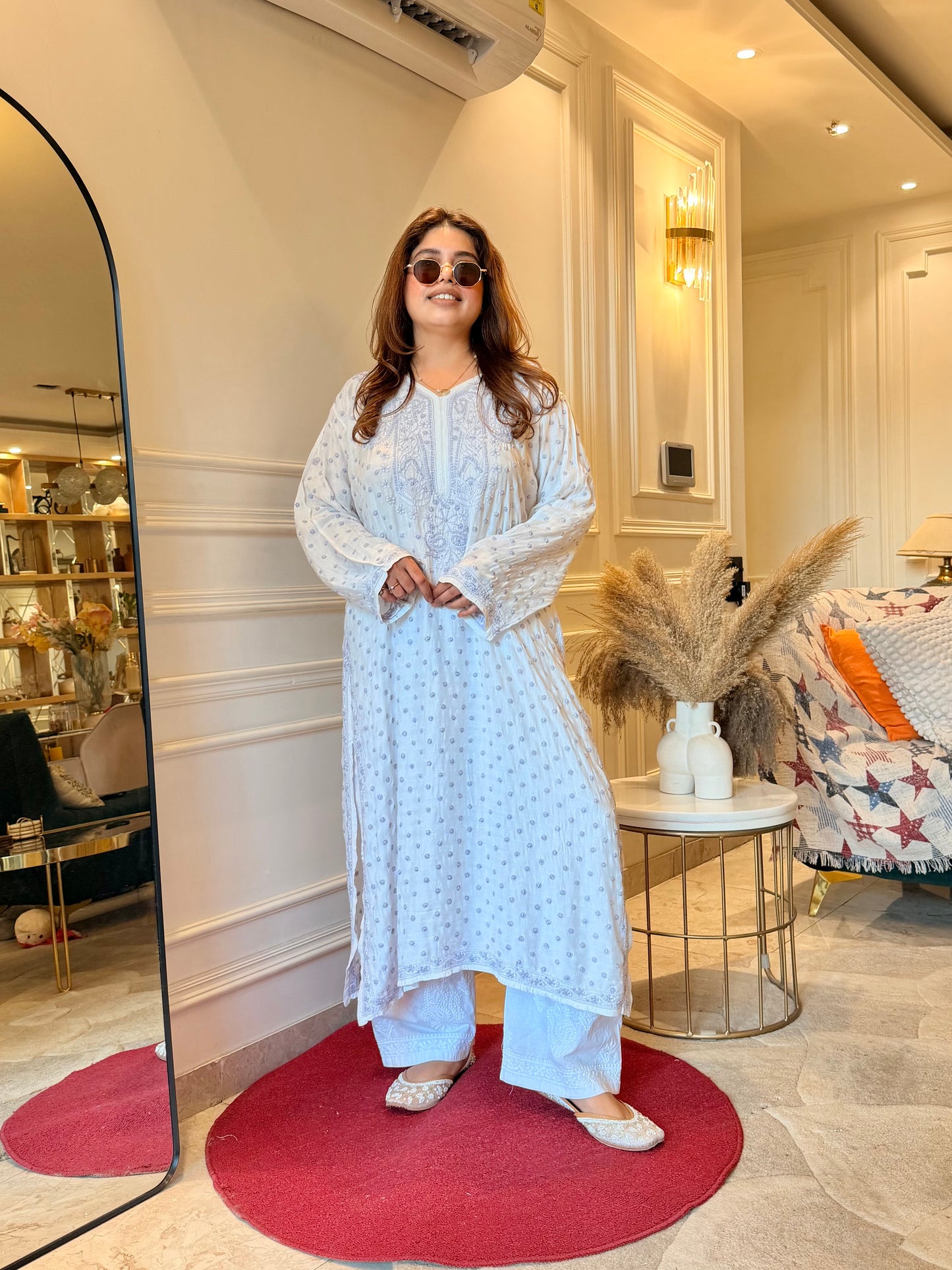 Hand Embroidered Chikankari Kurta  | Mul Chanderi | white with Purple | Plus Size
