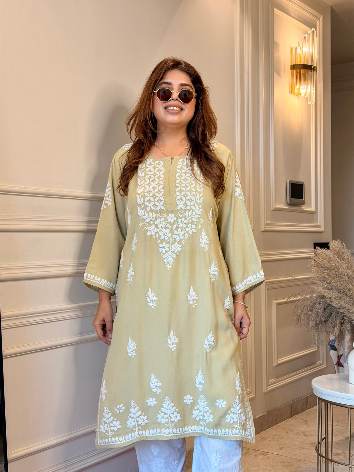 Hand Embroidered Chikankari Kurta | Modal | Olive