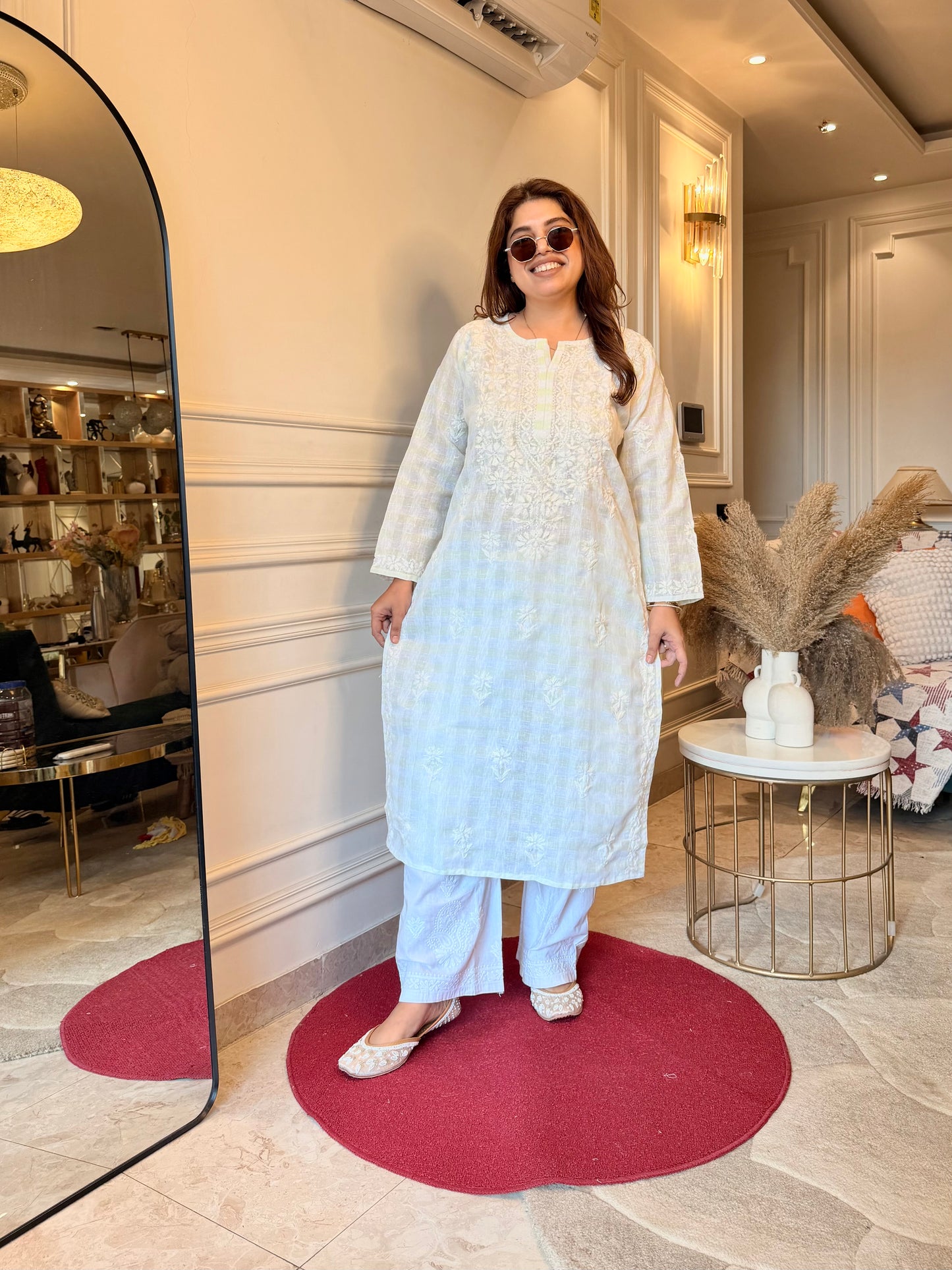 Hand Embroidered Chikankari Kurta Set - Kota Doriya Fabric | Mint Green