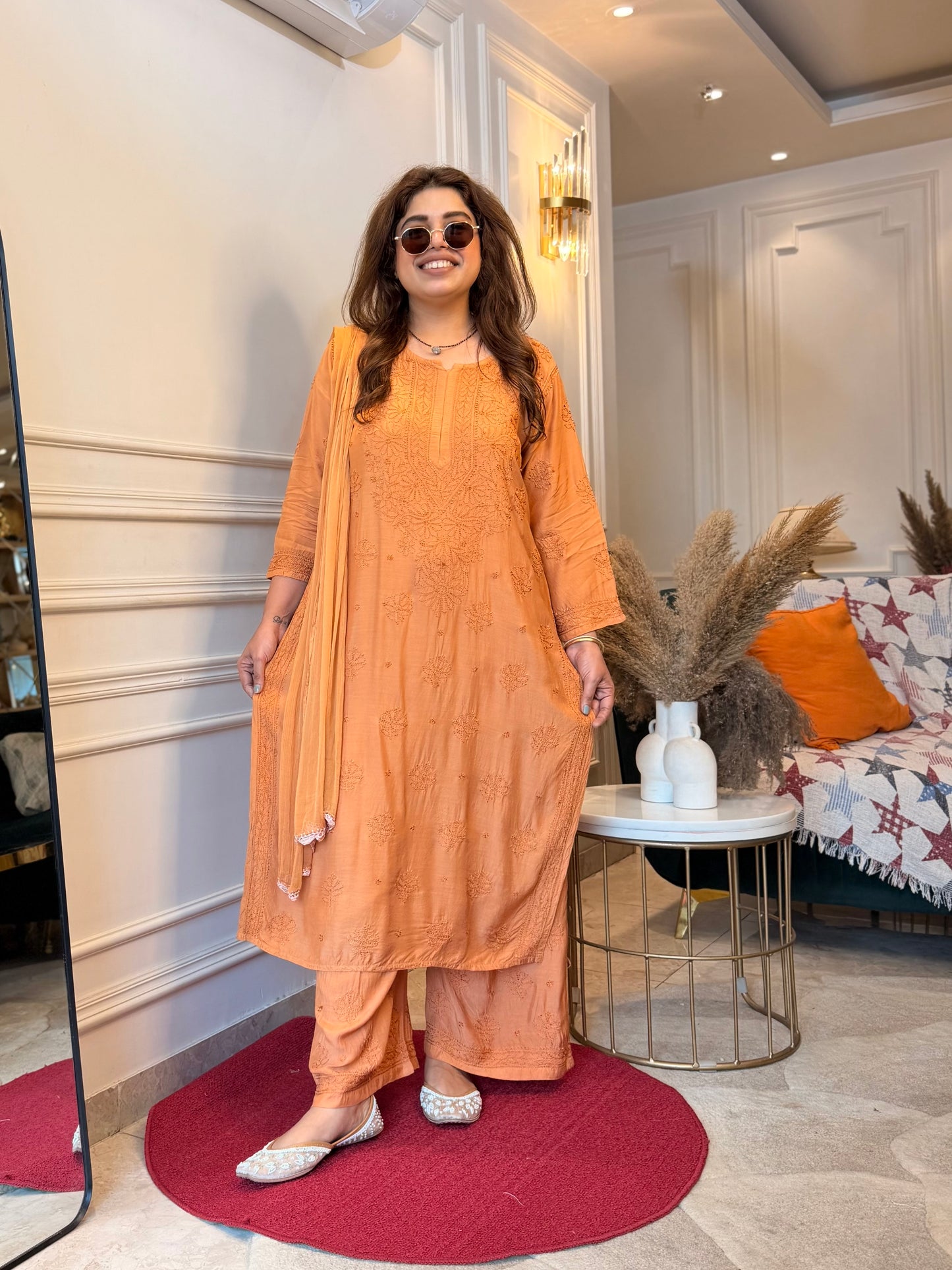 Hand Embroidered Chikankari 3 piece Kurta set | Mul Chanderi | Golden Mustard