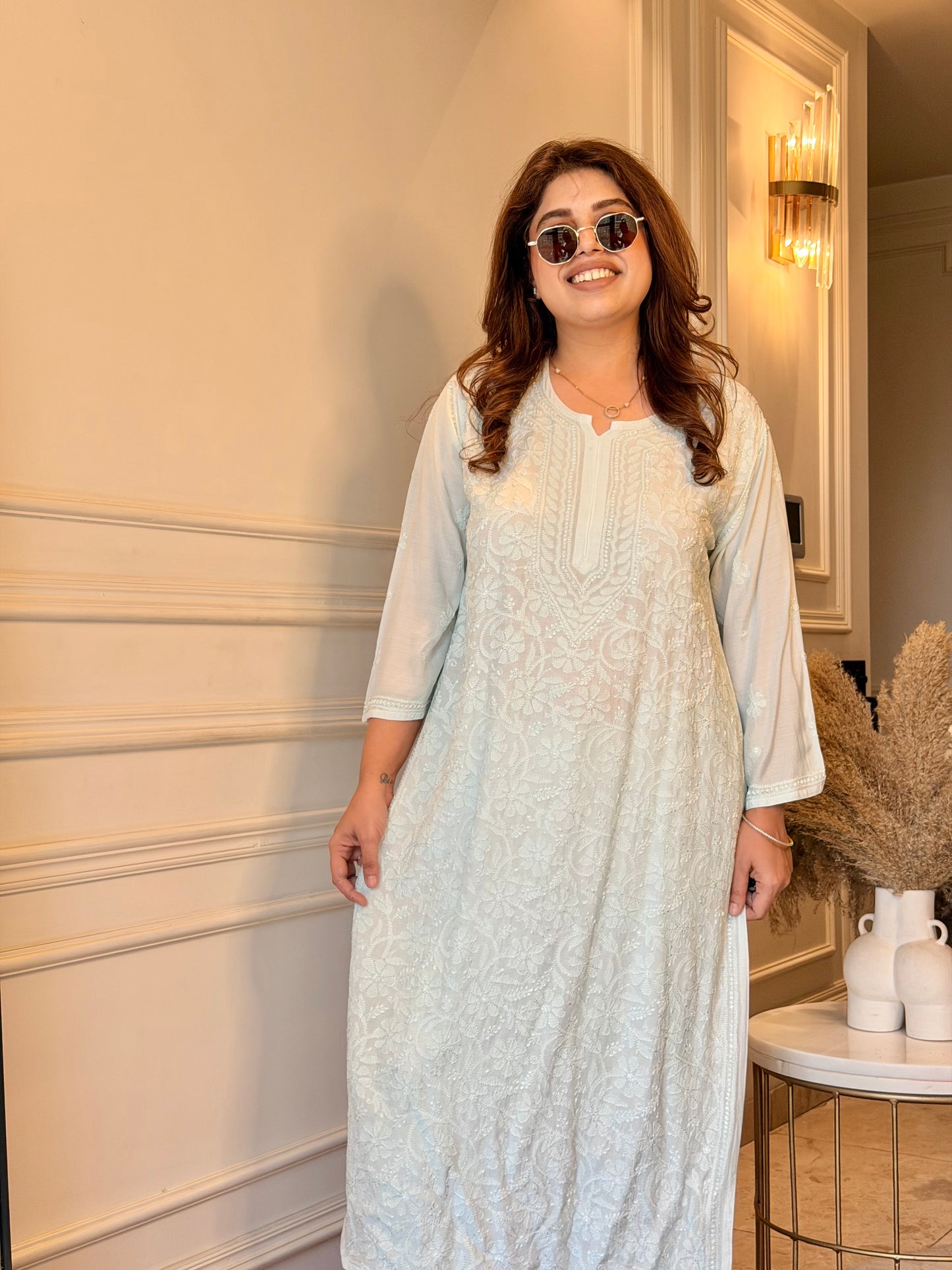 Hand Embroidered Chikankari Kurta  | Premium Muslin | Ocean Blue