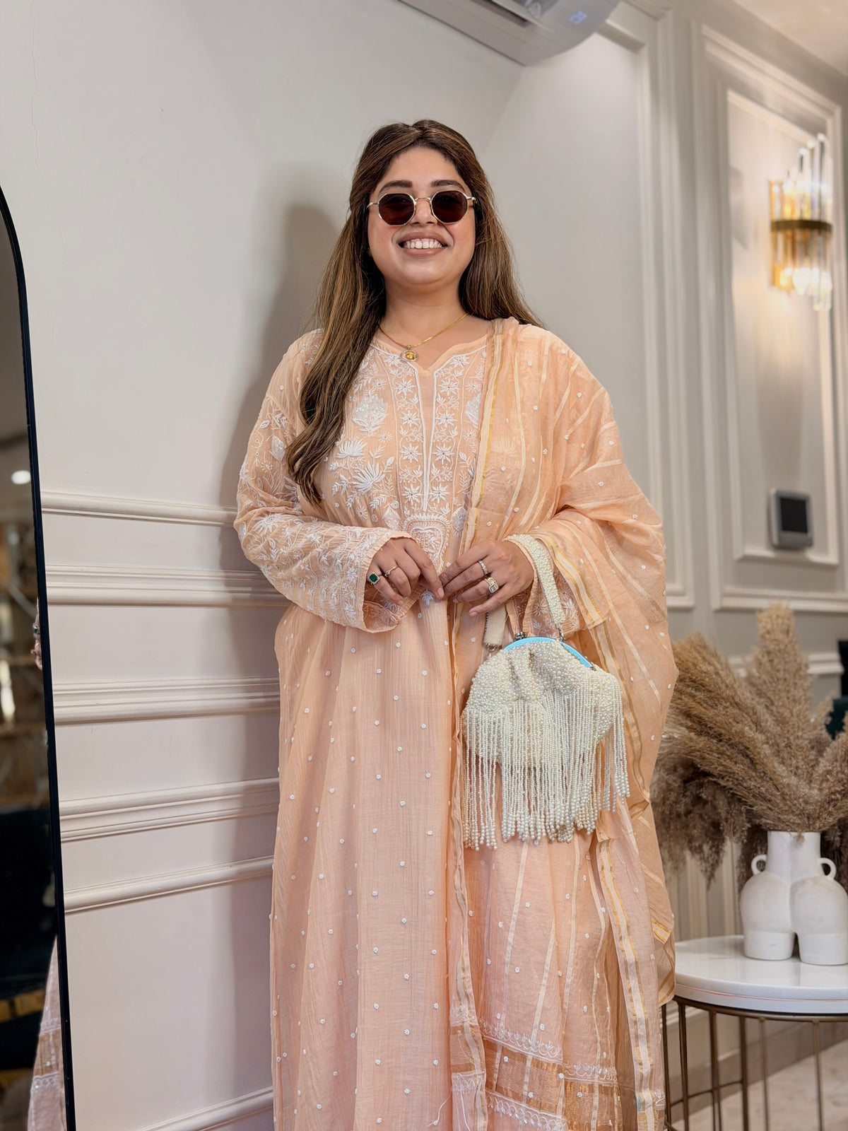 Premium Hand Embroidered Chikankari Kurta & Duppta | Mul Chanderi | Peach