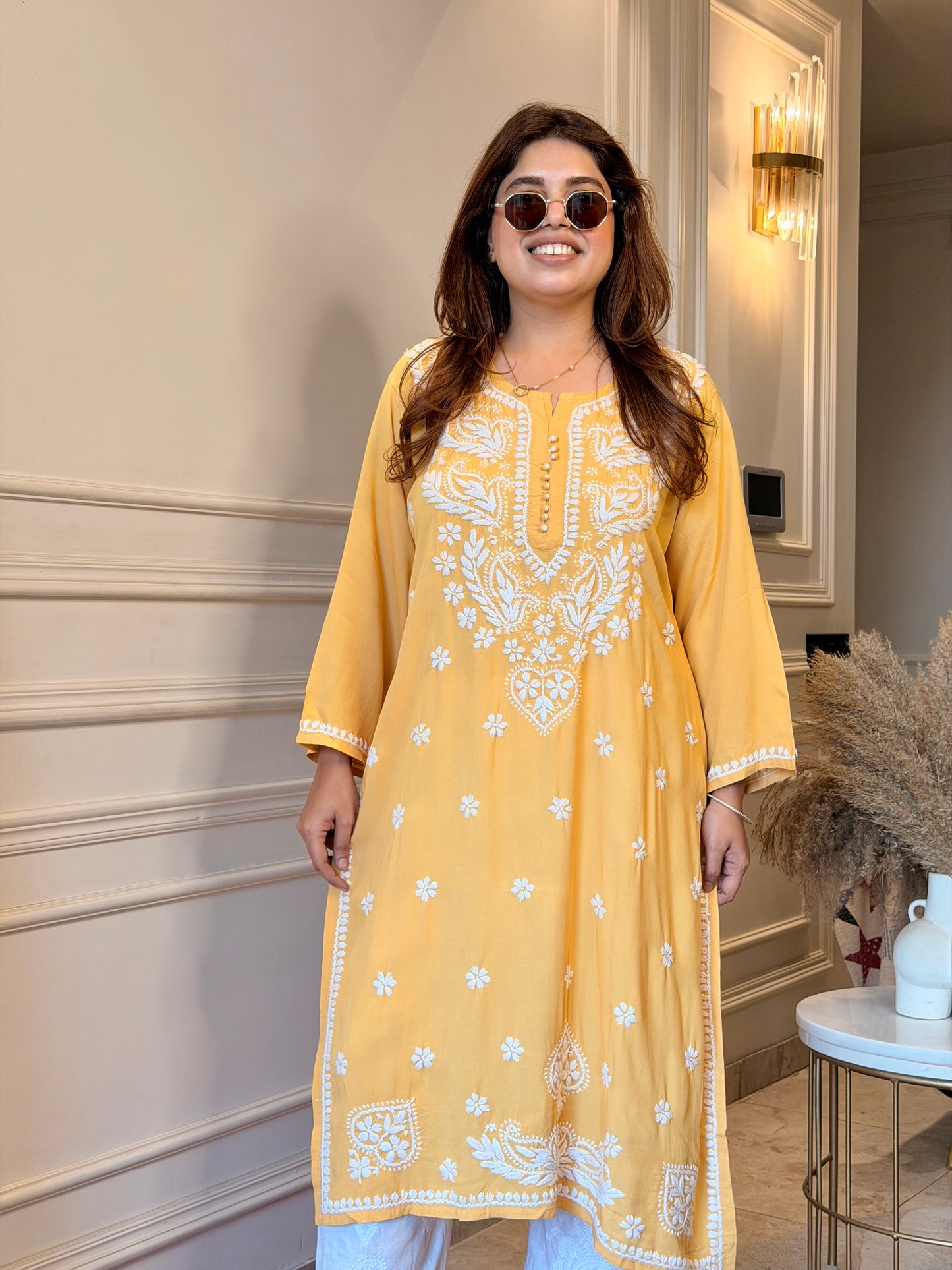 Hand Embroidered Chikankari Kurta | Modal |  Mustard