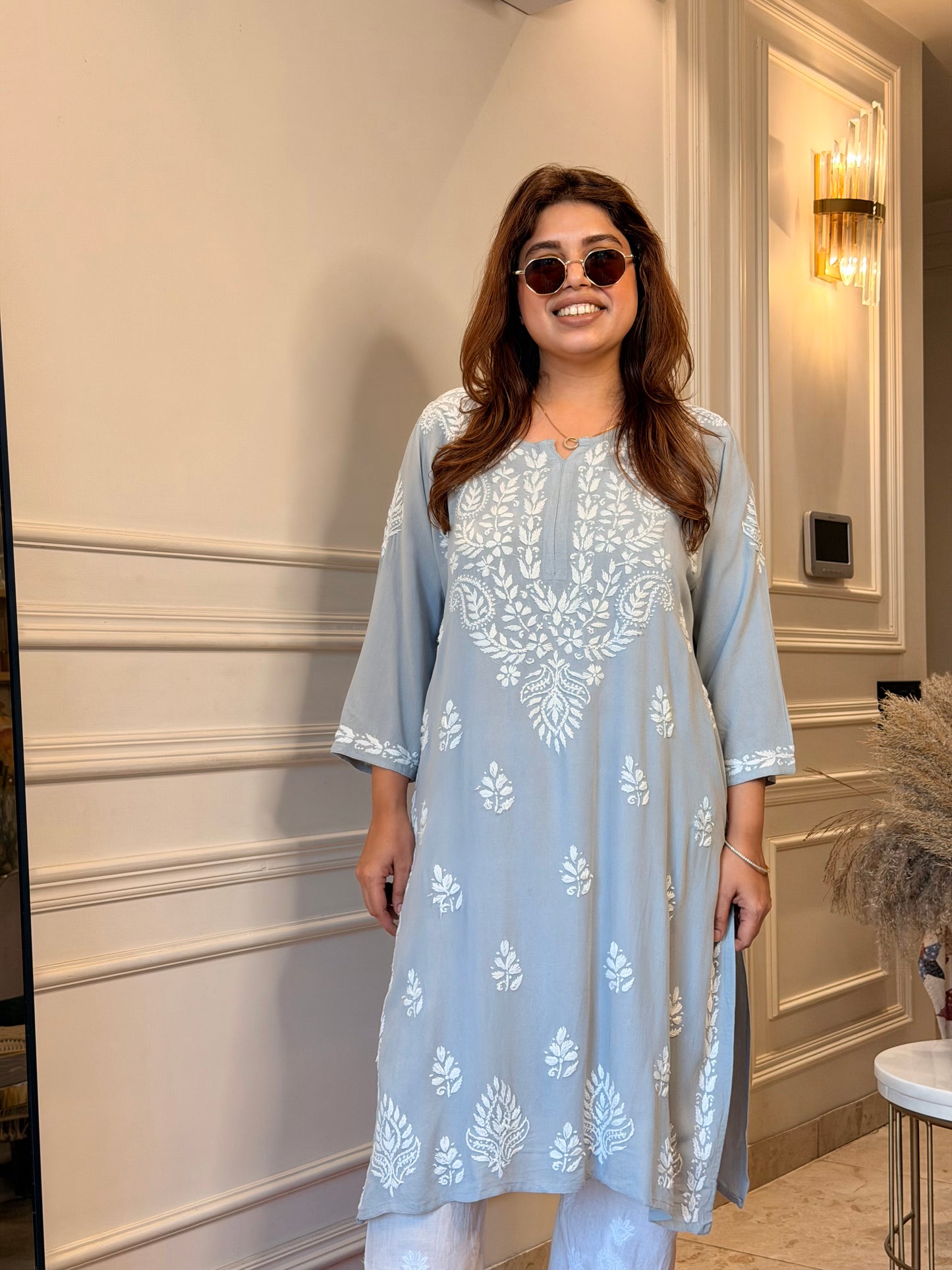 Hand Embroidered Chikankari Kurta | Modal | Pastel Grey