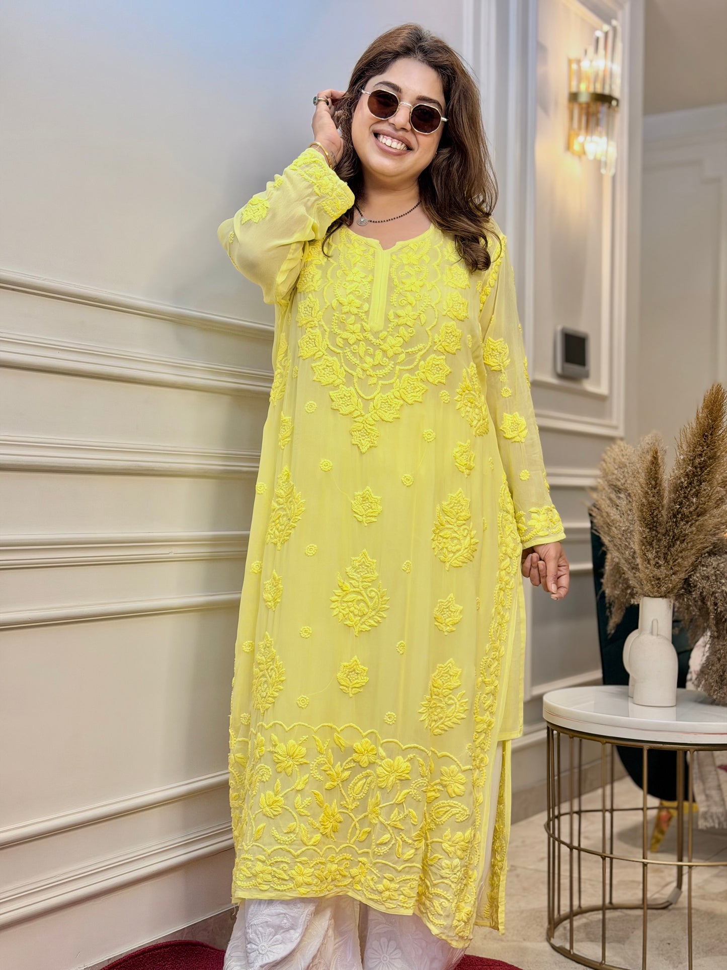 Hand Embroidered 6D Chikankari Kurta  | Premium Viscose | Neon yellow