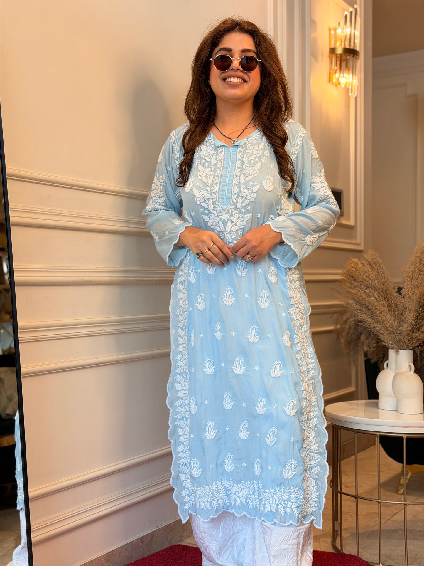 Hand embroidered 6D Chikankari Kurta | Mul Chanderi | Powder Blue