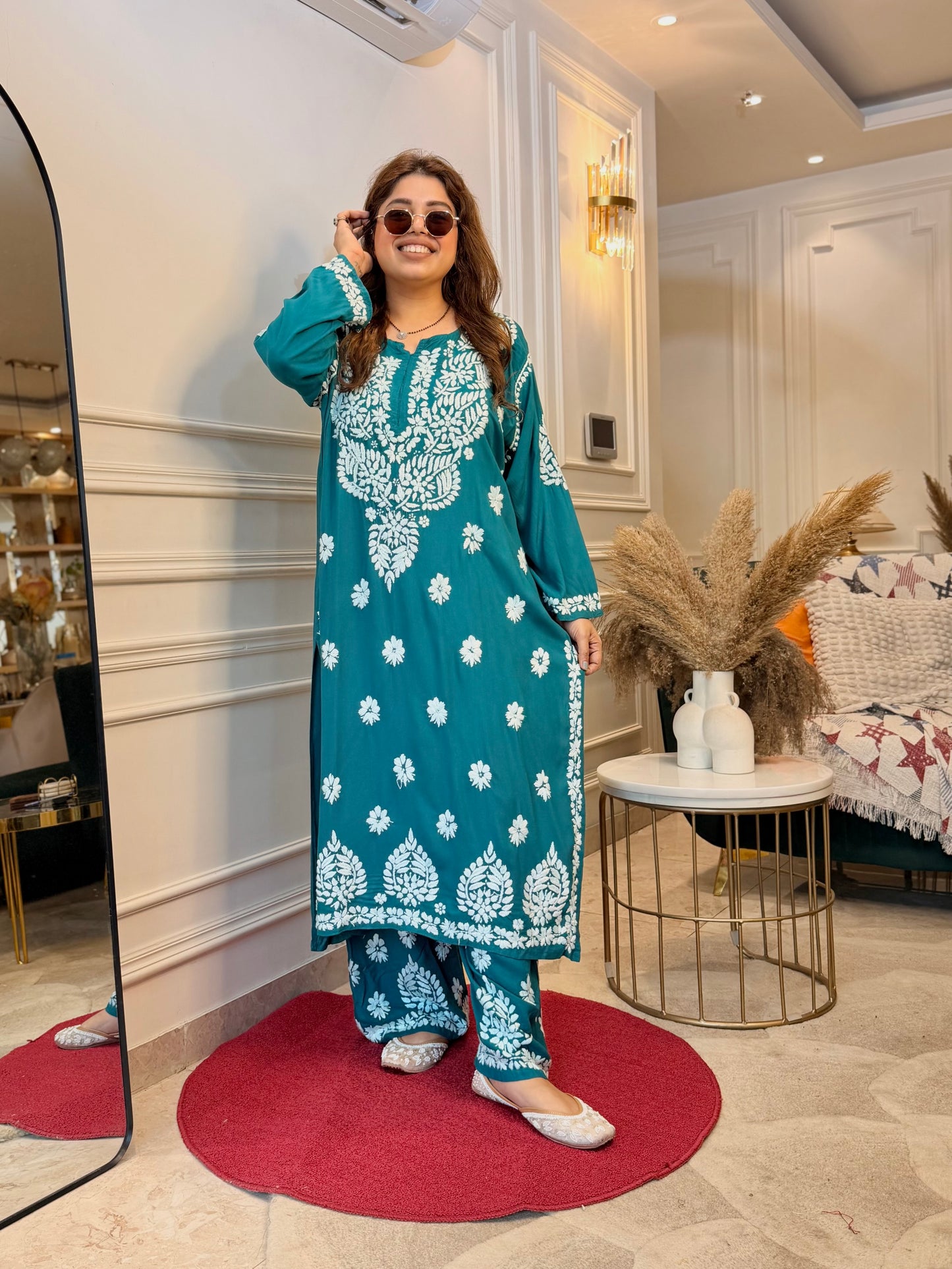 Hand Embroidered Chikankari Kurta set | Modal  | Teal