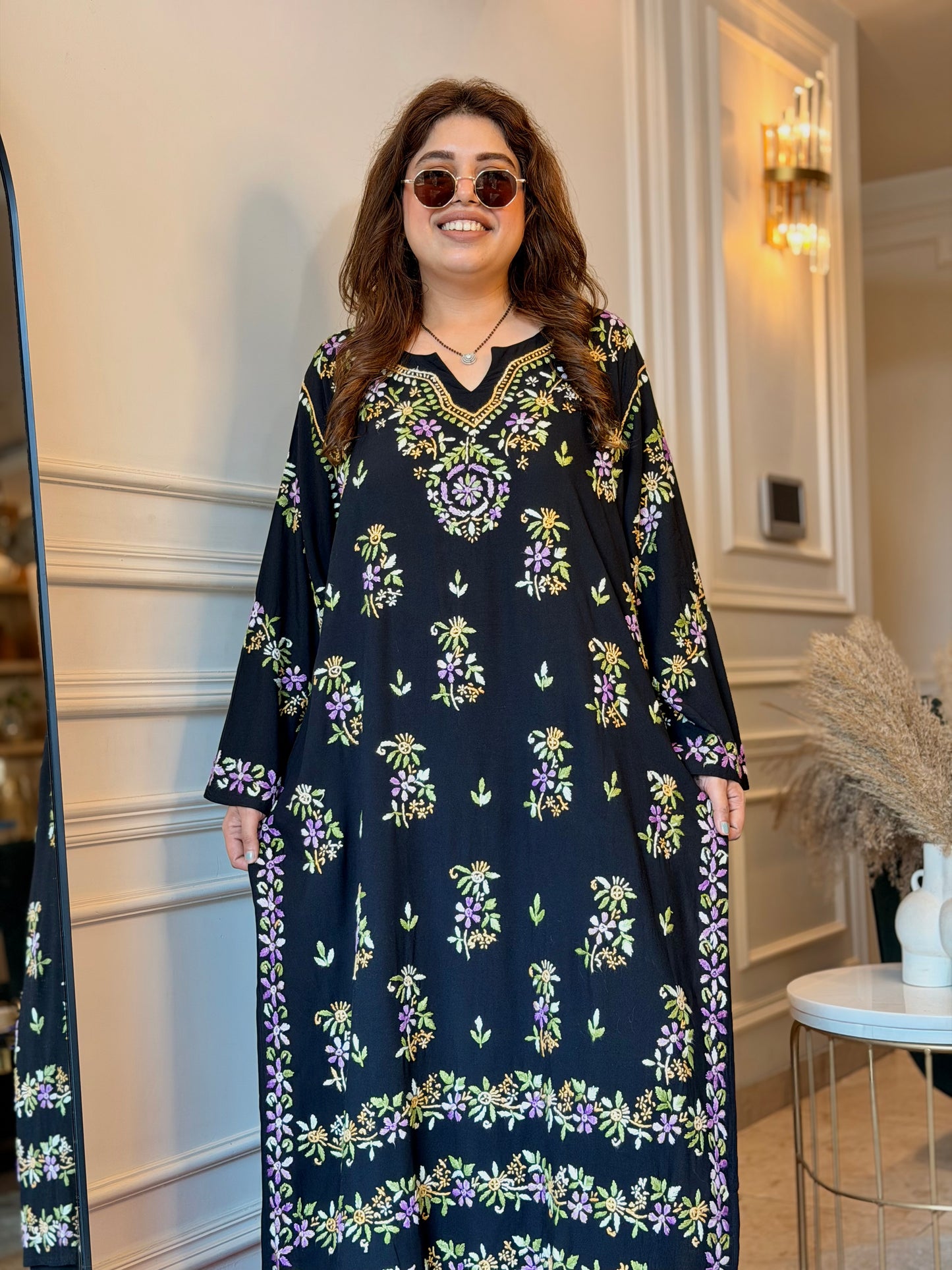 Hand Embroidered Chikankari Kurta set | Modal  | Black with Purple