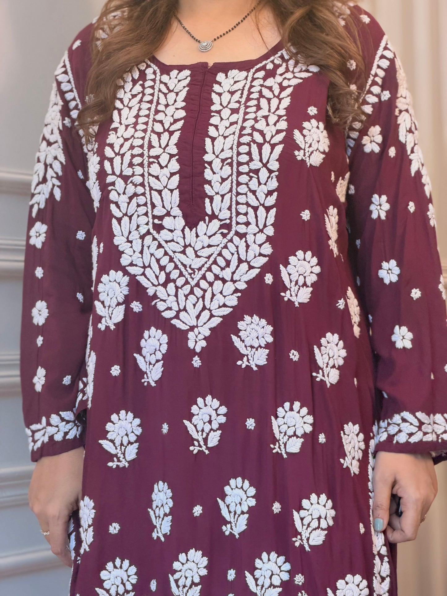 Hand Embroidered 3DChikankari Kurta set | Modal  | Maroon