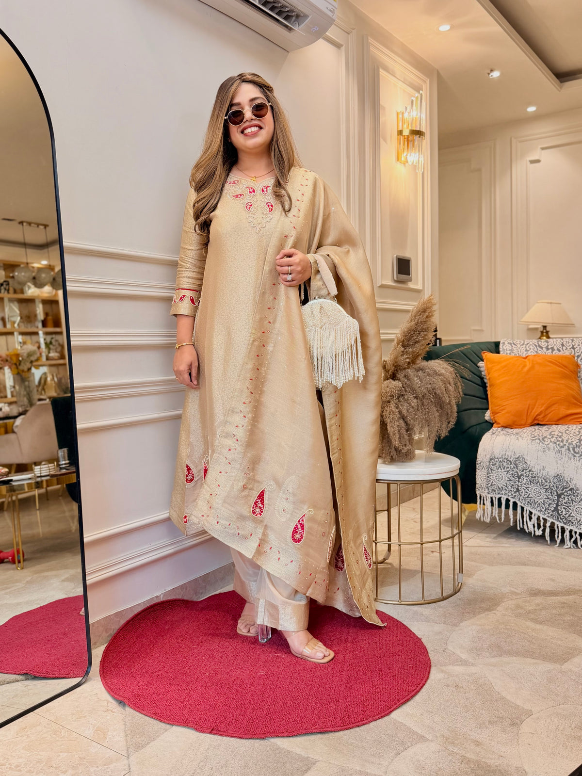 Exclusive Gold Beige Brocade Jacquard 3Piece A line kurta set
