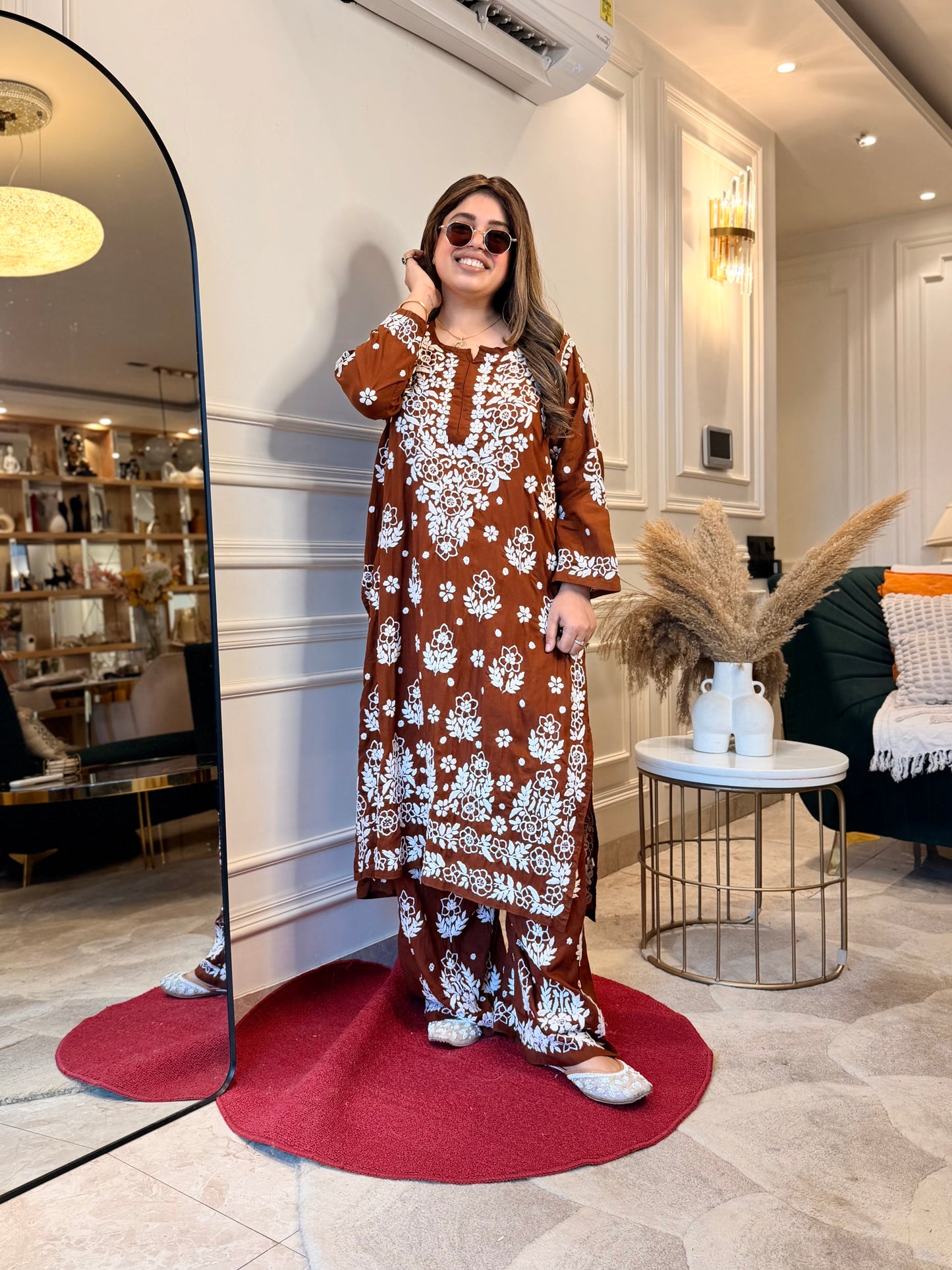 Hand embroidered 3D Chikankari Kurta set | Premium Modal| Brown