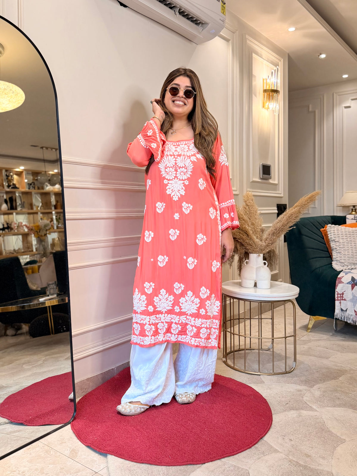 Hand Embroidered 3D Chikankari Kurta | Mul Chanderi | Pink