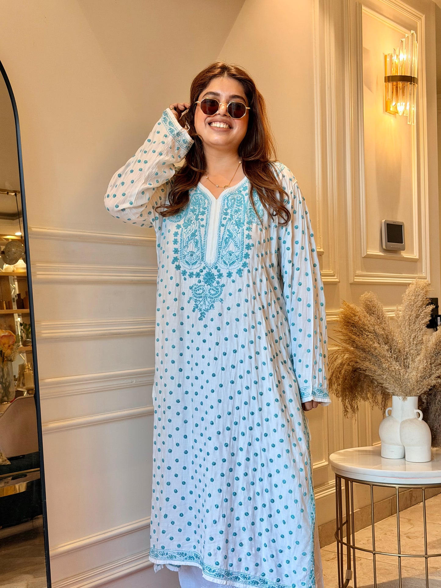 Hand Embroidered Chikankari Kurta  | Mul Chanderi | white with Turquoise Blue | Plus Size