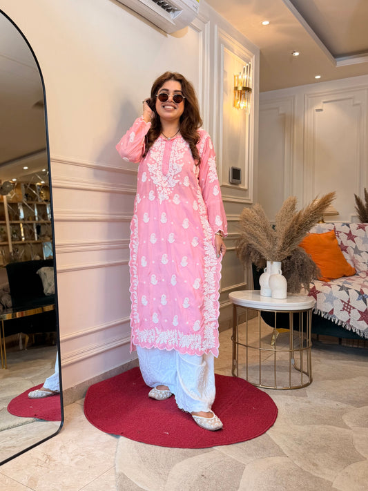 Hand embroidered 6D Chikankari Kurta | Mul Chanderi | Pink