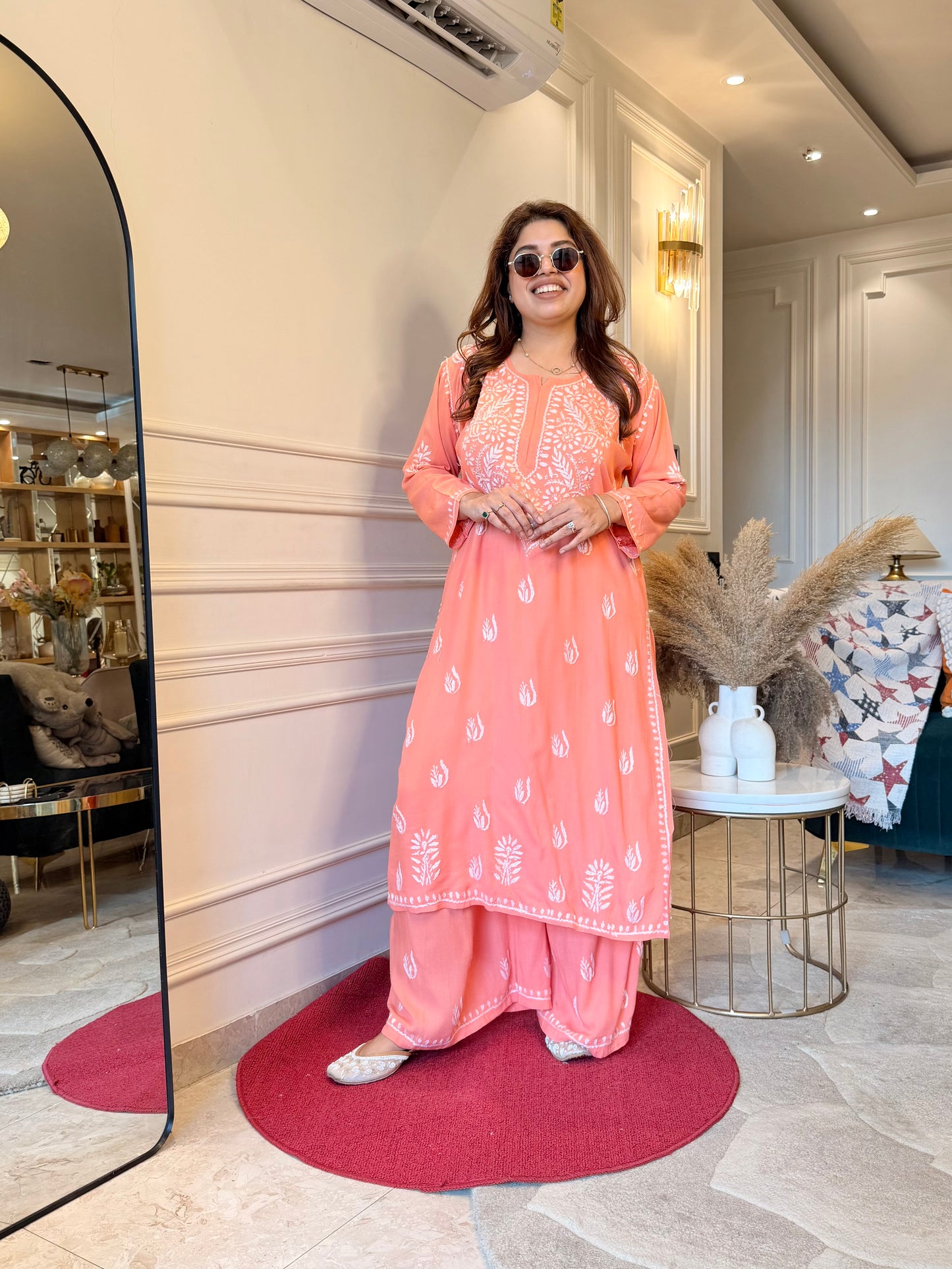 Hand Embroidered Chikankari Kurta set | Modal | Peach