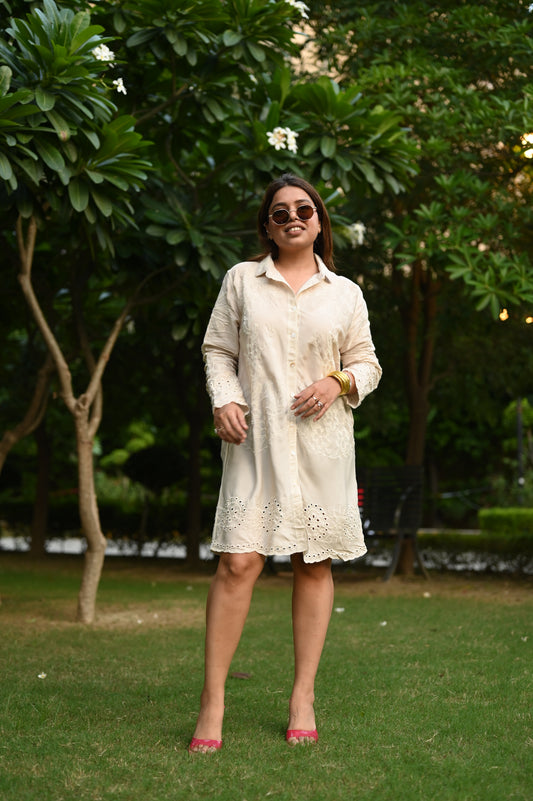 Ivory Shirt Dress with Delicate Thread Embroidery – Free Size Upto XL