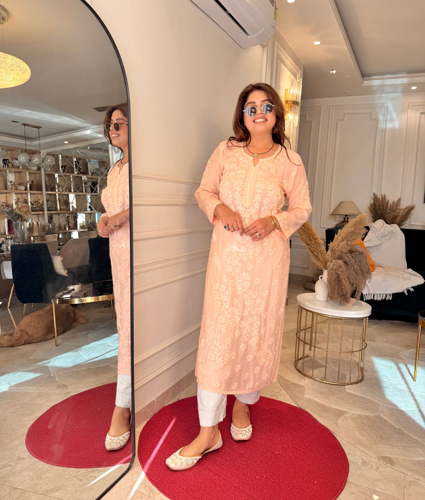 Chikankari Kurta set | Mul Chanderi | Peach