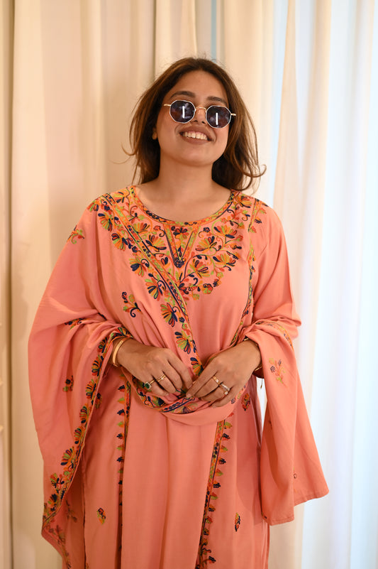 Peach Pink Cotton Embroidered Kurta Set with Dupatta