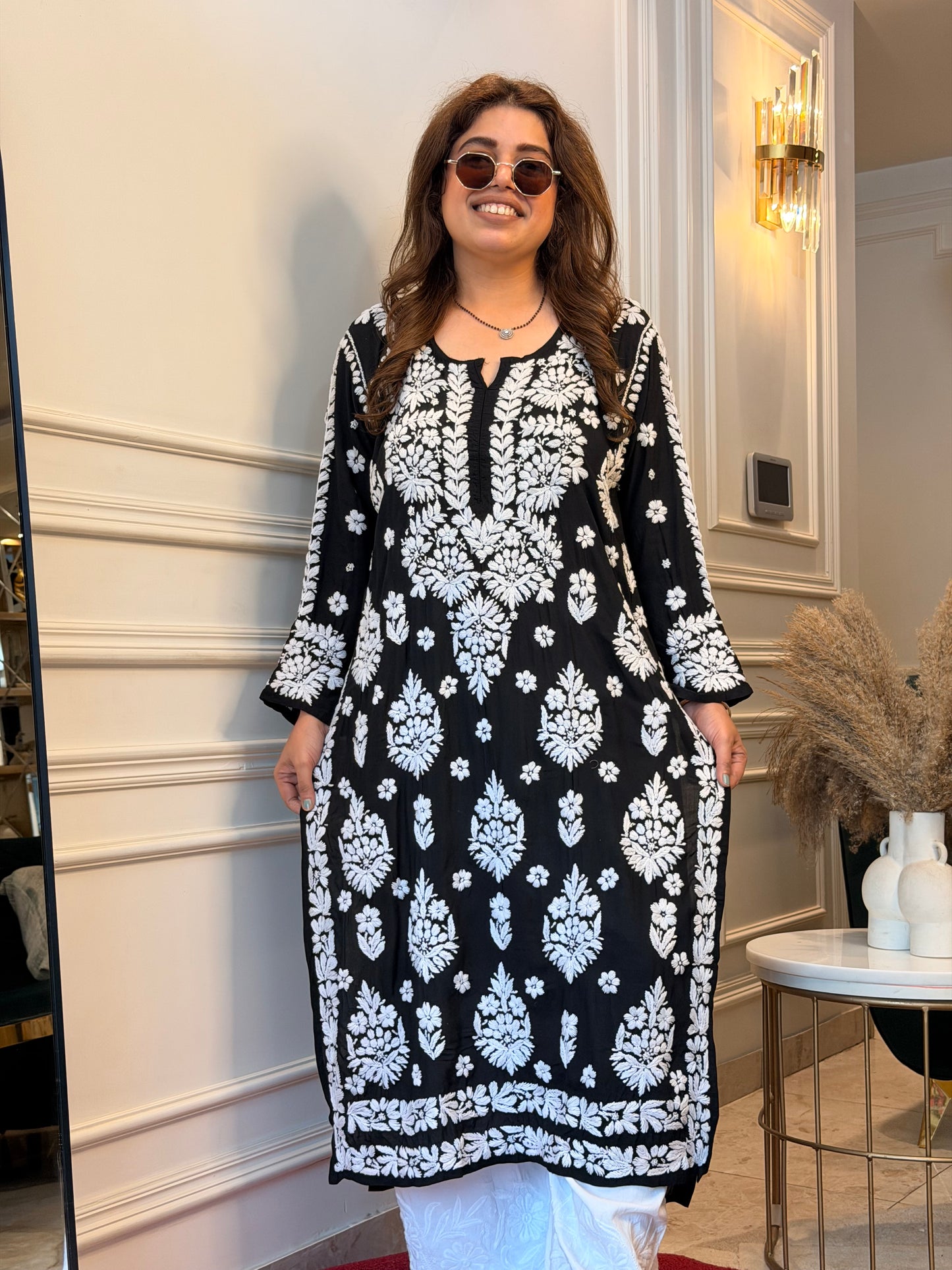 Hand Embroidered 6D Chikankari Kurta | Modal | Black with White Chikankari