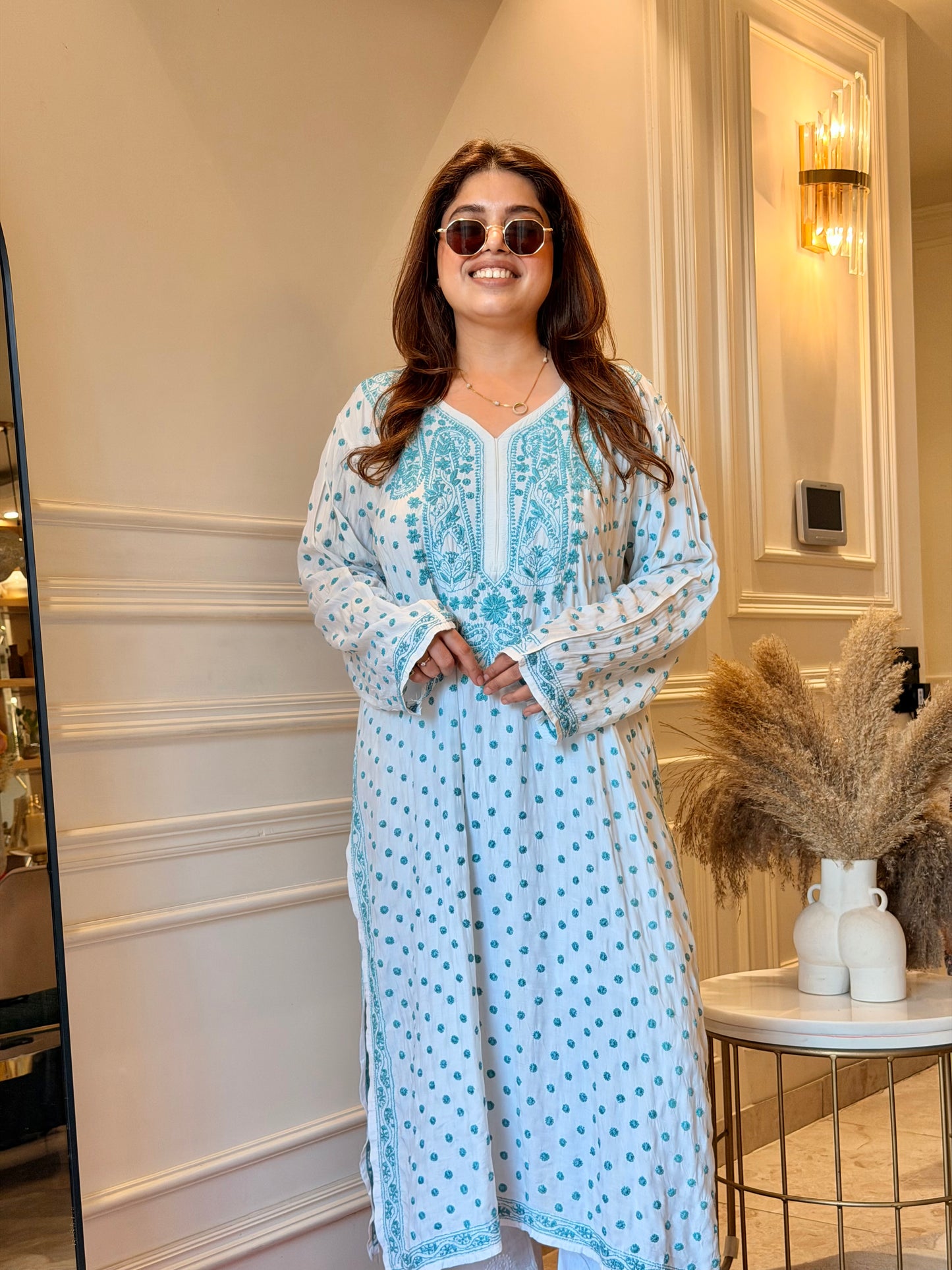 Hand Embroidered Chikankari Kurta  | Mul Chanderi | white with Turquoise Blue | Plus Size
