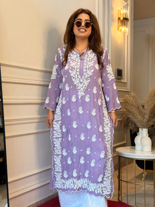 Hand embroidered 6D Chikankari Kurta | Mul Chanderi | Lavender
