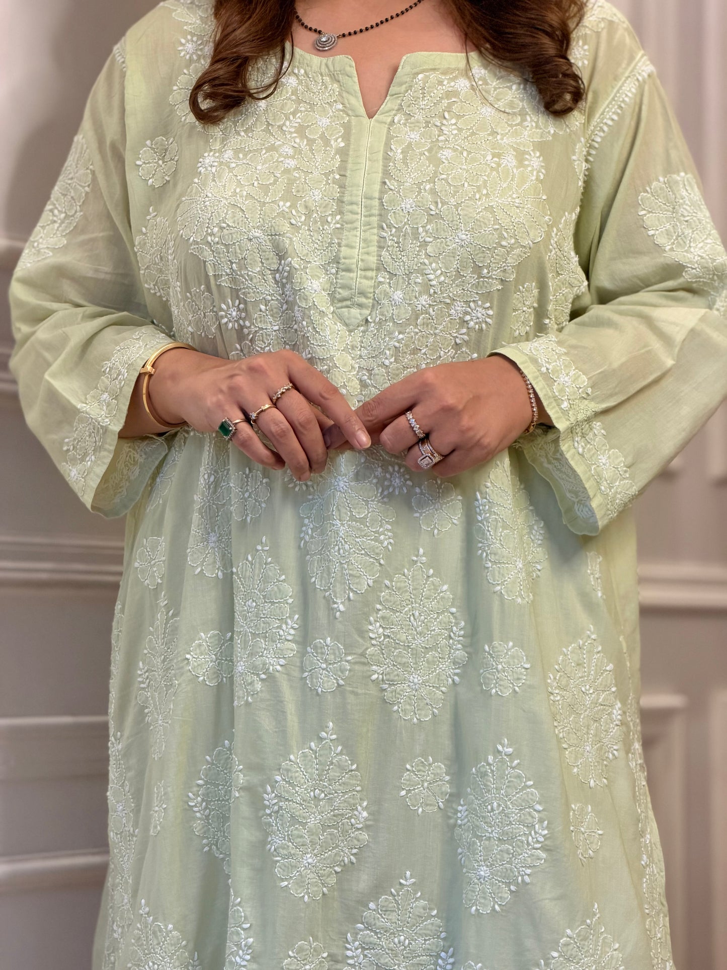 Hand Embroidered Chikankari Kurta | Premium Mul Cotton | Pista Green