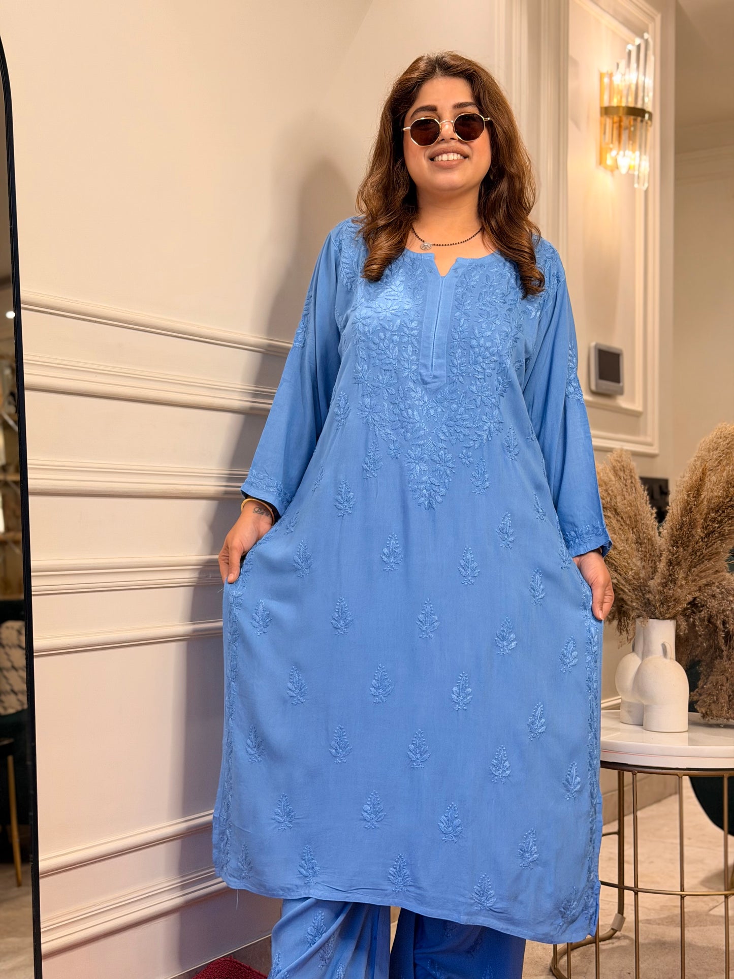 Hand Embroidered Chikankari Kurta set | Modal  |  Blue