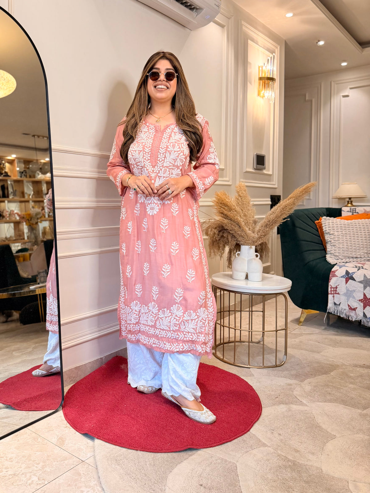 Hand Embroidered 3D Chikankari Kurta | Mul Chanderi | Dusty Pink
