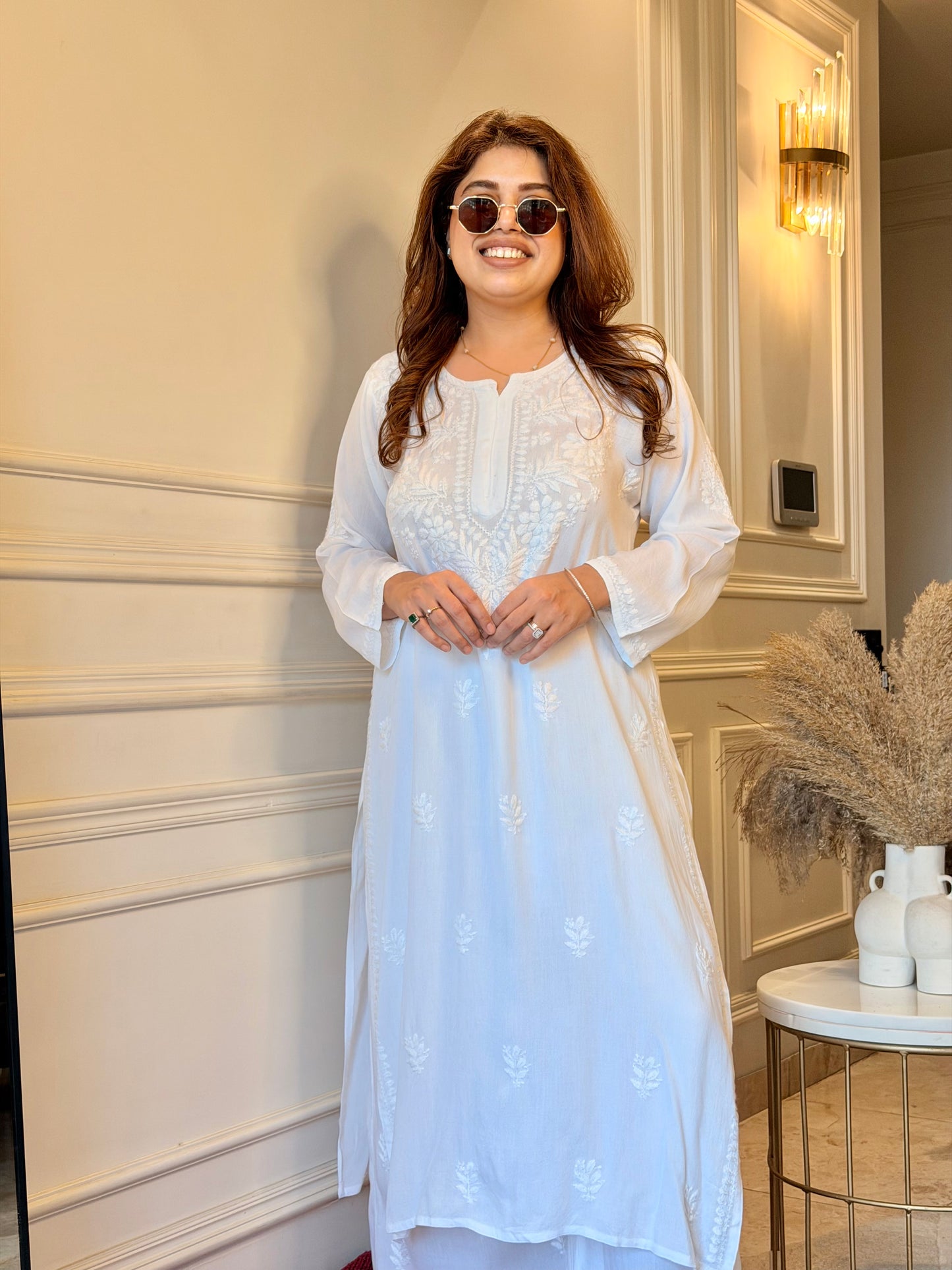Hand Embroidered Chikankari Kurta set | Modal | white with Shimmer Detailing