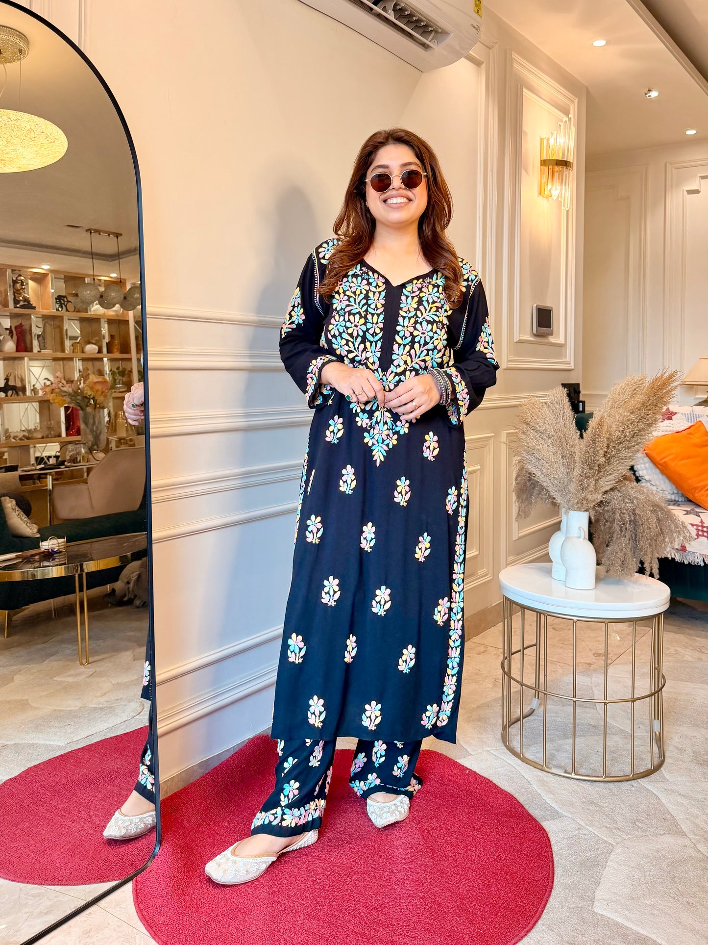 Hand Embroidered Chikankari Kurta Set - Black with Multi colour