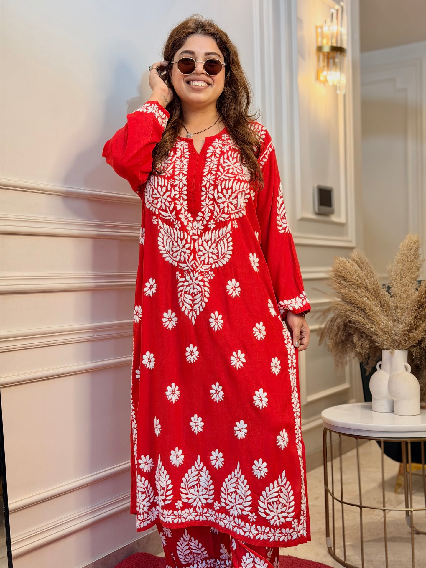 Hand Embroidered Chikankari Kurta set | Modal  | Hot Red