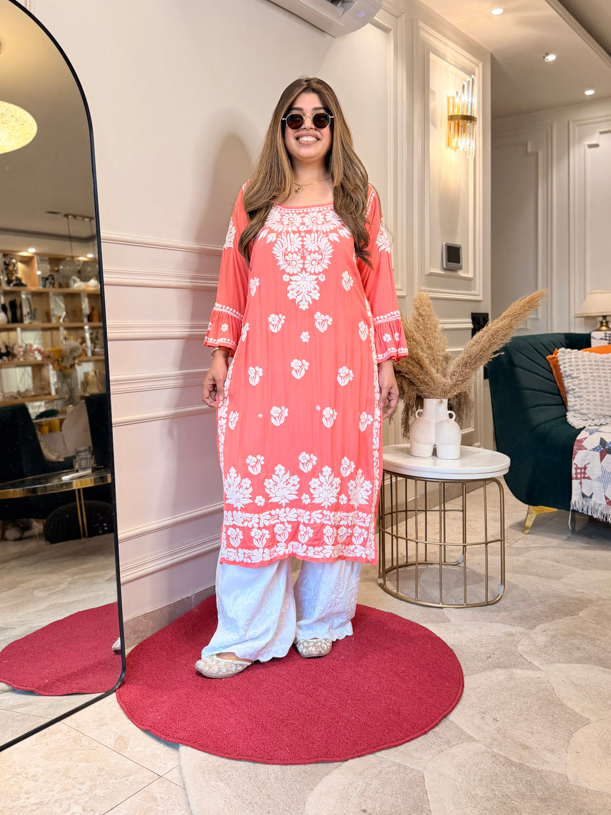 Hand Embroidered 3D Chikankari Kurta | Mul Chanderi | Pink
